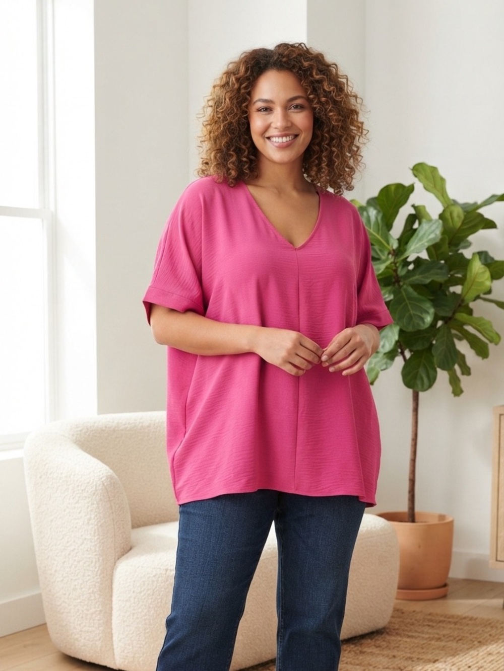 mittoshop Fuchsia V-Neck Short Sleeve Top